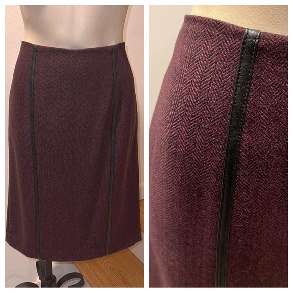 ANN TAYLOR LOFT HERRINGBONE SKIRT w/LEATHER STRIPES - Picture 1 of 10